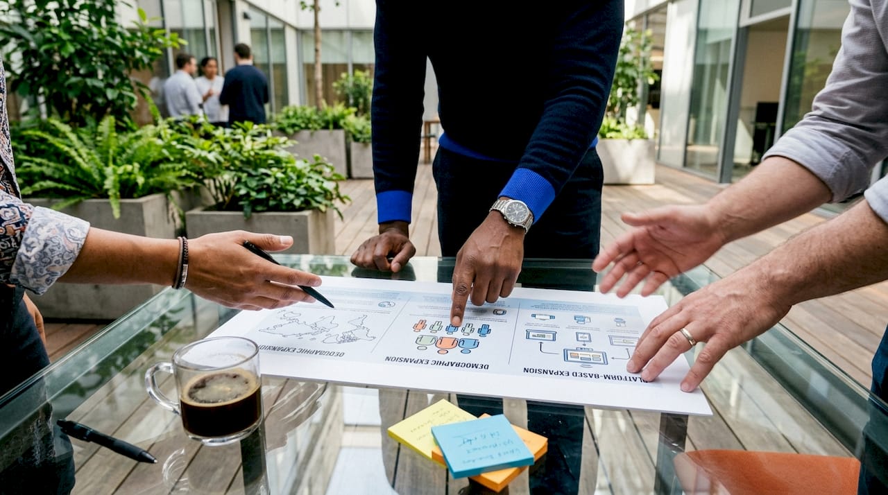 Hands discussing marketplace expansion infographic
