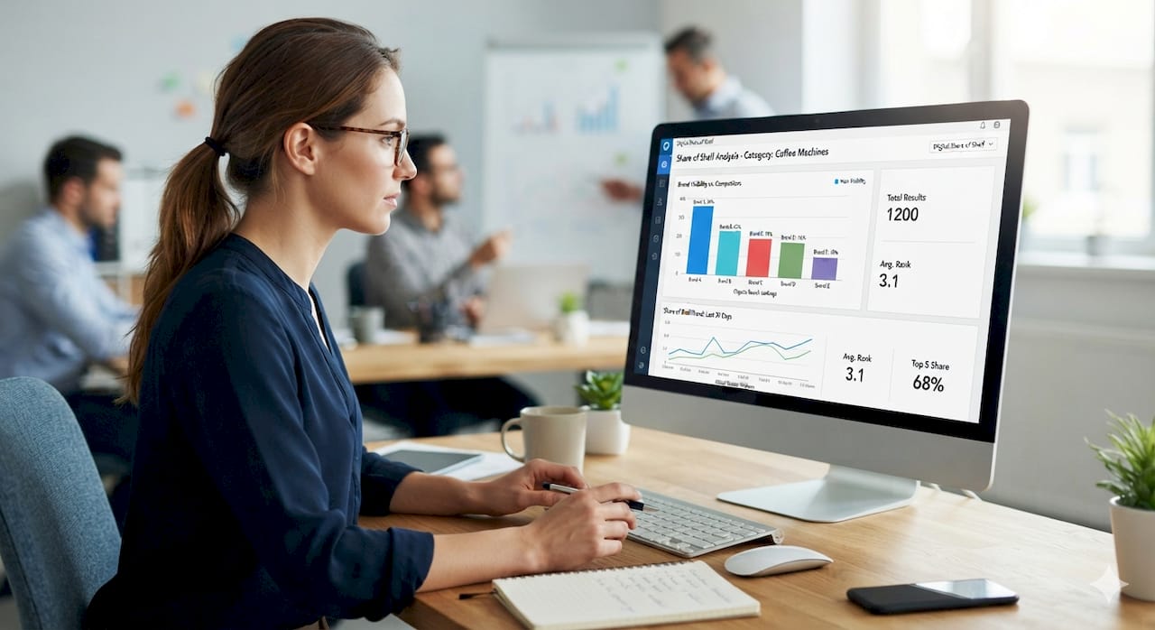 Hands viewing ecommerce shelf share dashboard on tablet