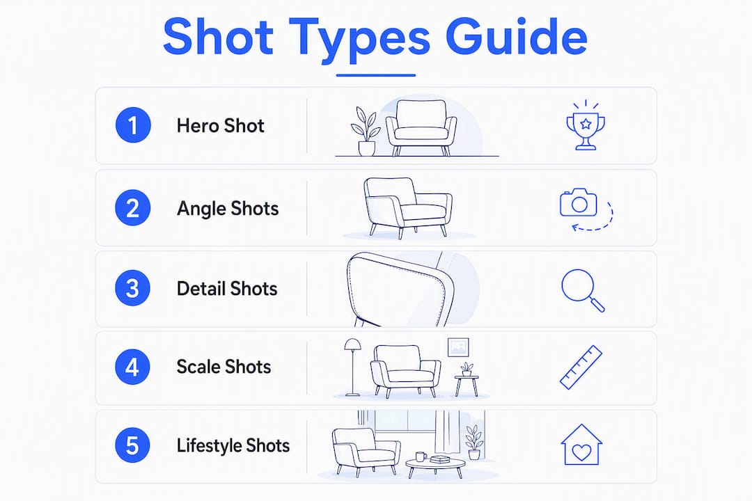 Infographic illustrating main product photography shot types