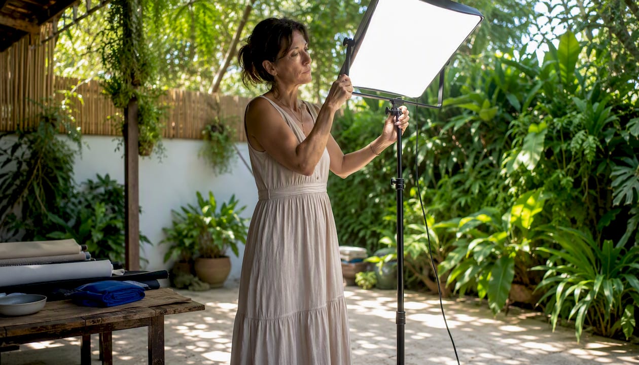 Woman adjusting lighting in home studio