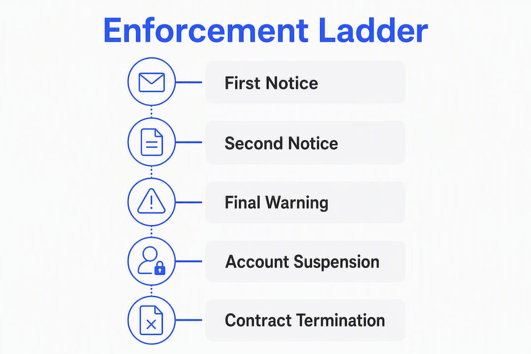 Infographic showing MAP enforcement escalation ladder steps