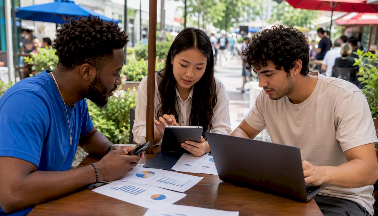 Diverse sellers reviewing marketplace demographics