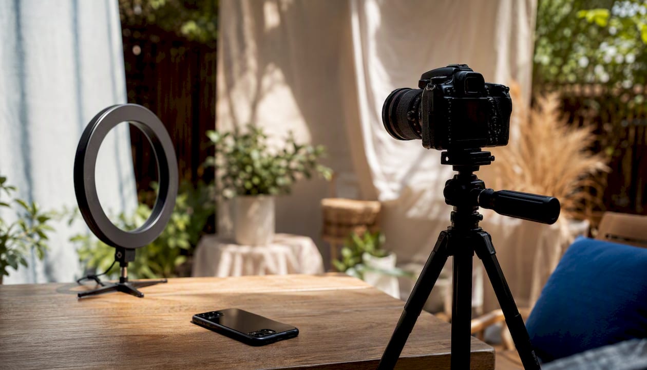 Creative workspace with photo equipment