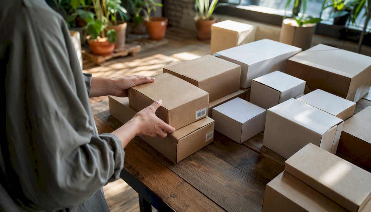 Hands sorting retail inventory boxes