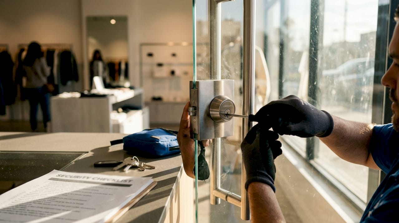 Hands installing physical door lock for security
