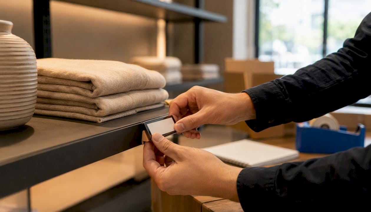 Hands adjusting price tag on product shelf