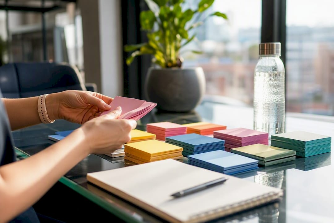 Hands organizing claim library cards on desk