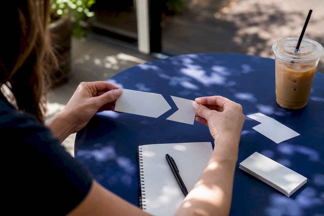 Hands linking marketing funnel cards