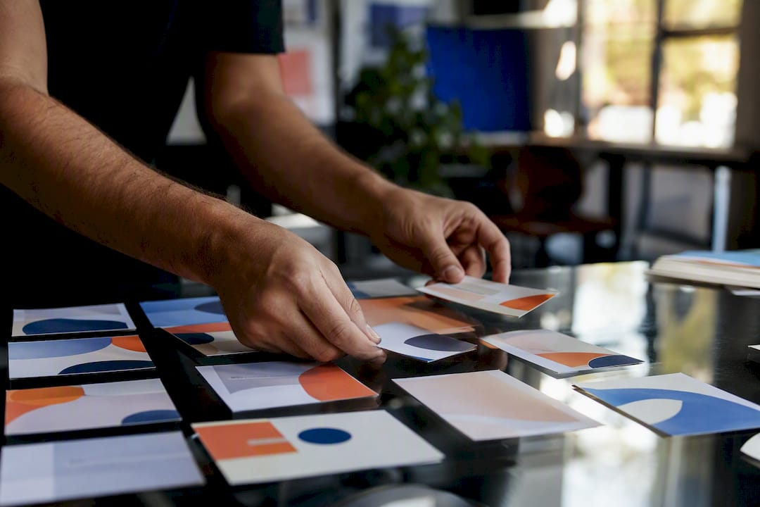 Hands adjusting marketing channel cards