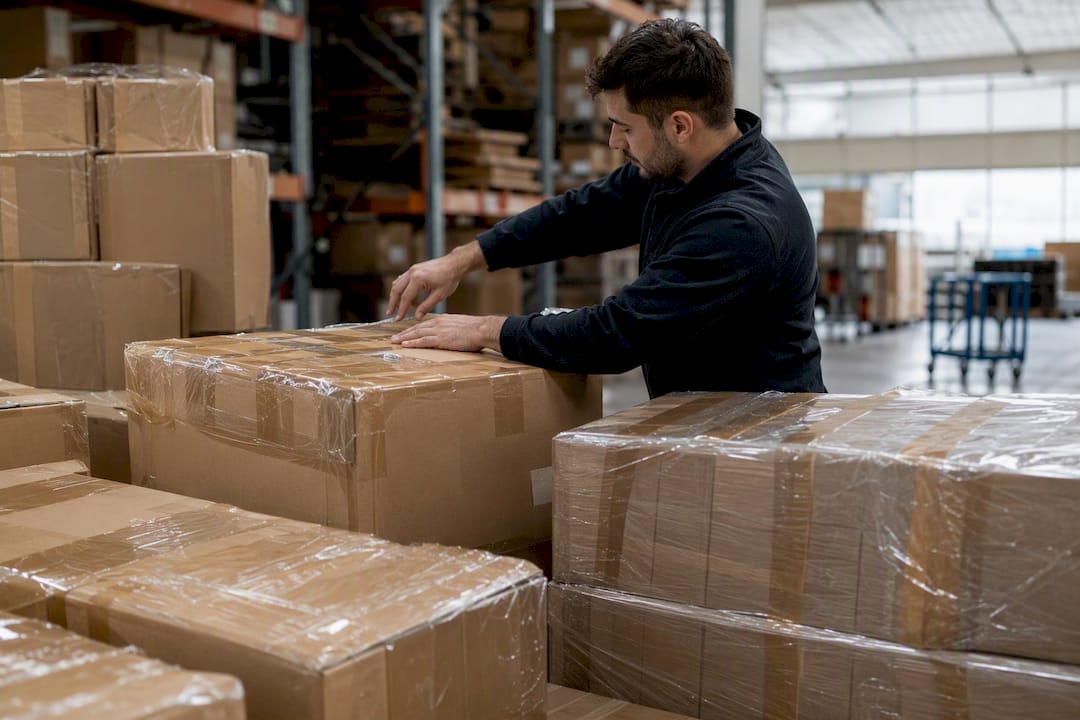 Hands inspecting shipping crates in warehouse