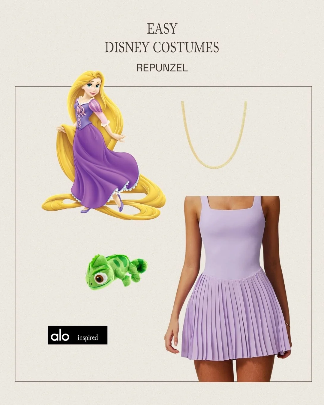 Rapunzel sweat-proof Disney costume with purple dress, Pascal accessory, gold necklace, and printed socks