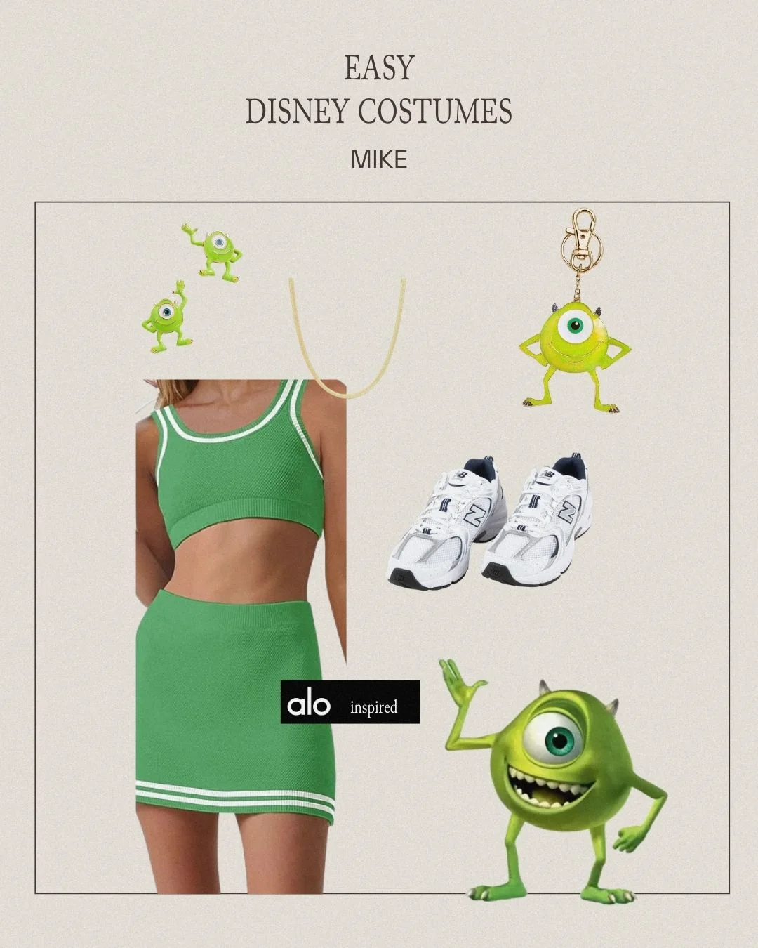 Mike Wazowski sweat-proof Disney costume with green top and skirt set, Mike Wazowski earrings, gold necklace, green bag charm, and New Balance sneakers