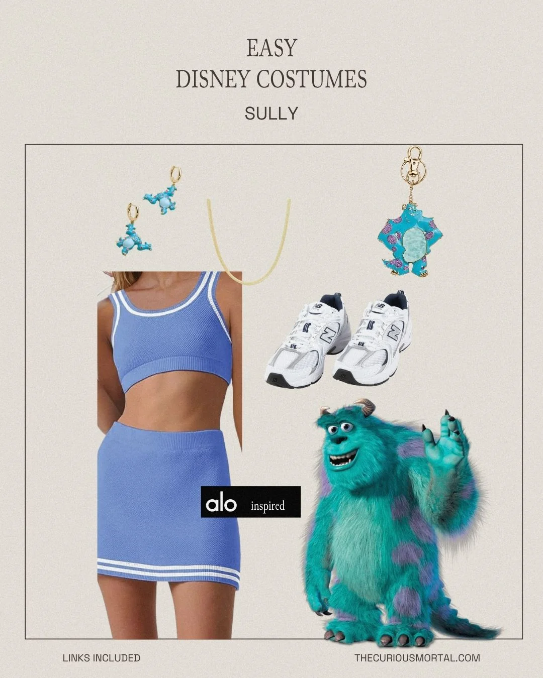 Sully sweat-proof Disney costume with blue top and skirt set, Sully earrings, gold necklace, blue bag charm, and New Balance sneakers