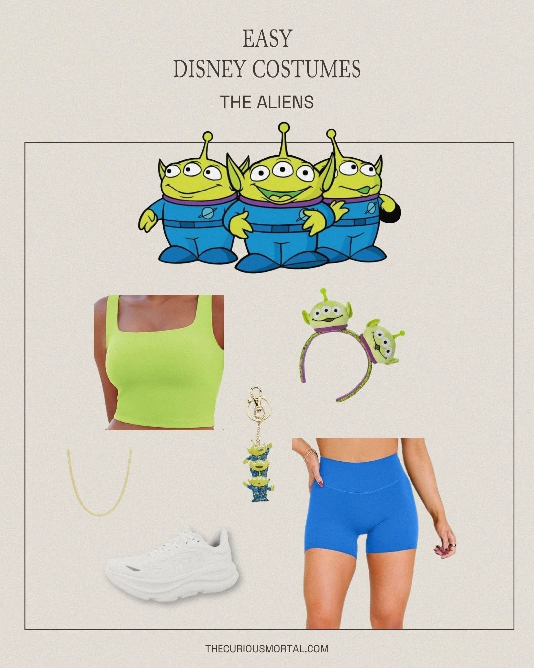 Toy Story Aliens sweat-proof Disney costume with green top, green shorts, alien ear headband, alien bag charm, gold necklace, and Hoka sneakers