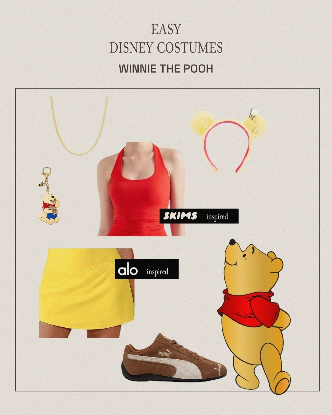 Winnie the Pooh sweat-proof Disney costume with red top, yellow athletic skirt, Pooh ears headband, gold necklace, bag charm, and brown shoes