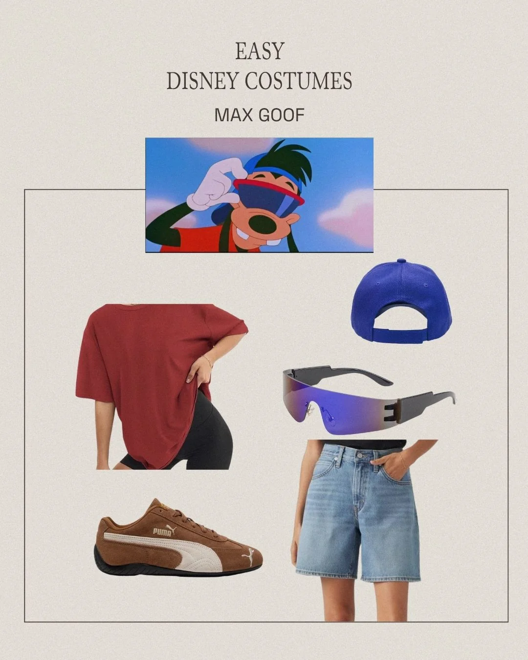 Max Goof sweat-proof Disney costume with red and yellow shirt, backwards hat, sunglasses, jean shorts, and white sneakers