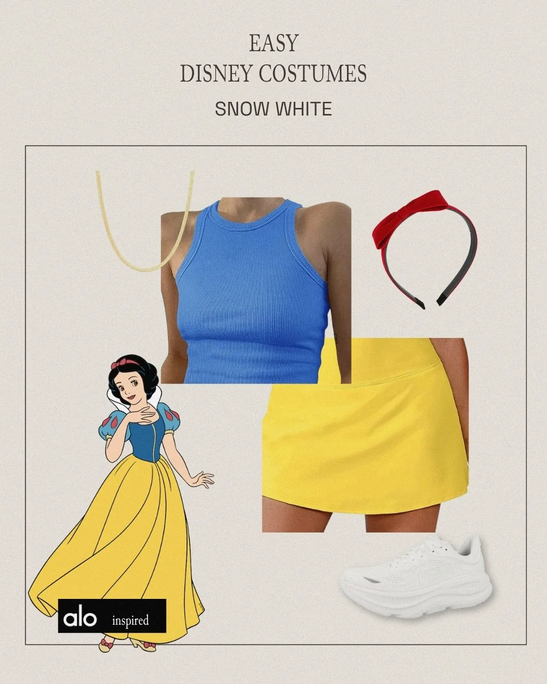 Snow White sweat-proof Disney costume with red bow headband, blue top, yellow skirt, and Hoka sneakers