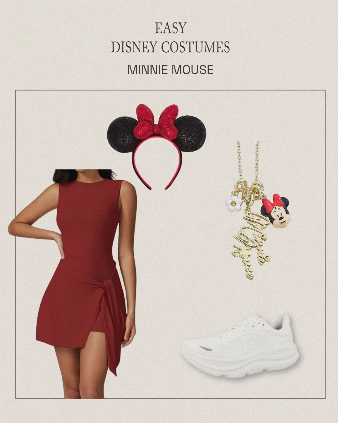 Minnie Mouse sweat-proof Disney costume with red dress, sequined black and red Minnie ears, charm necklace, and Hoka sneakers