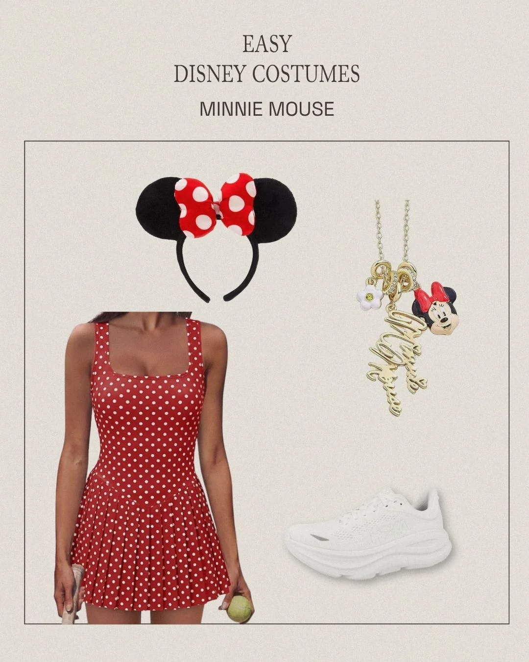 Minnie Mouse sweat-proof Disney costume with polka dot dress, polka dot bow Minnie ears, charm necklace, and Hoka sneakers