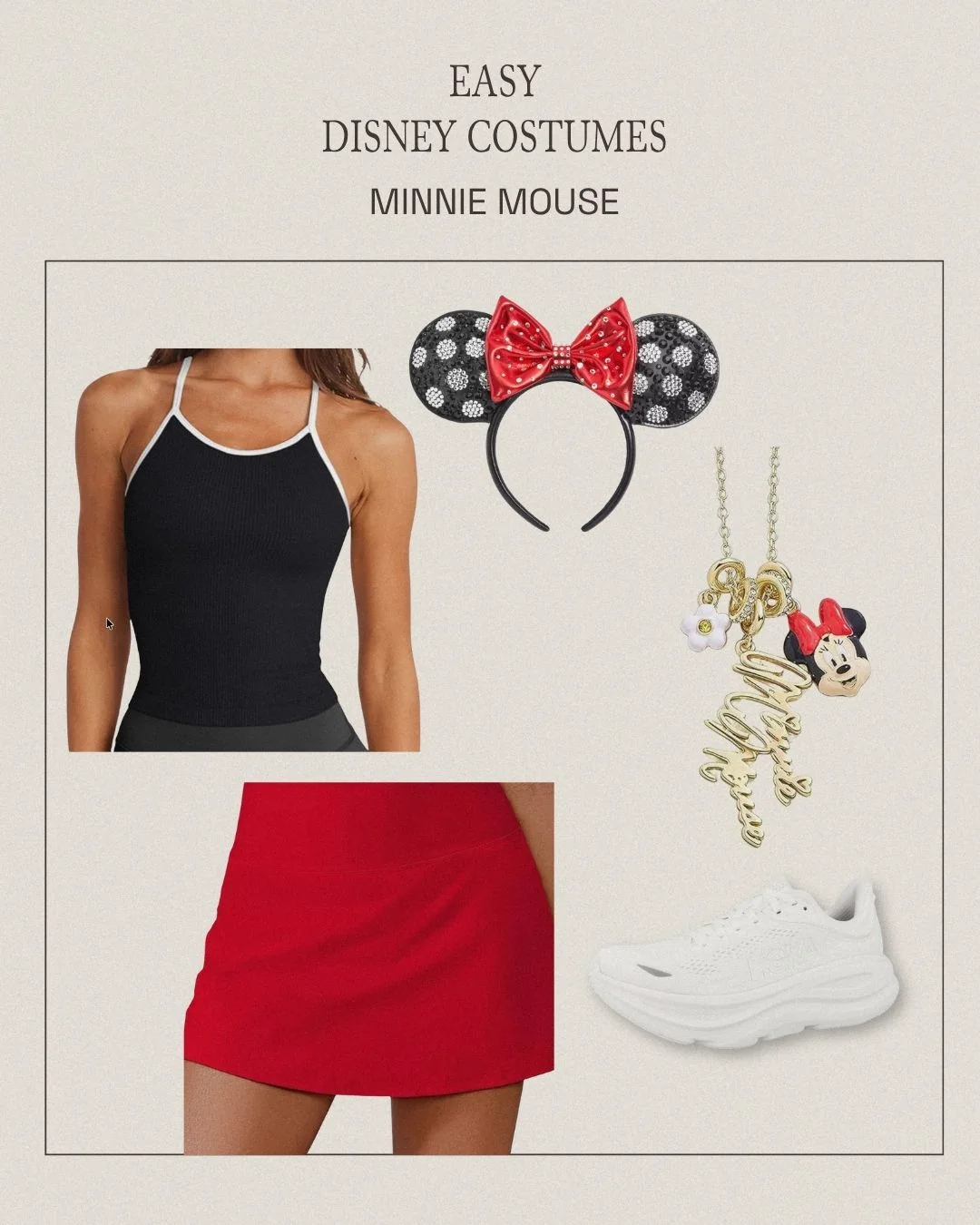 Minnie Mouse sweat-proof Disney costume with top, skort, gem-studded Minnie ears, charm necklace, and Hoka sneakers