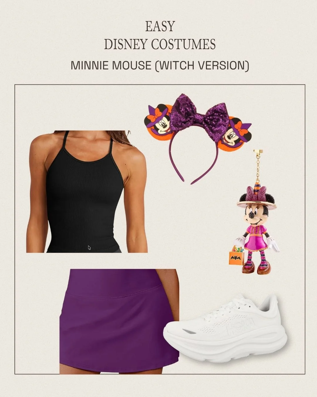 Minnie Mouse witch sweat-proof Disney costume with purple skirt, black top, witch Minnie ears, Halloween bag charm, and Hoka sneakers