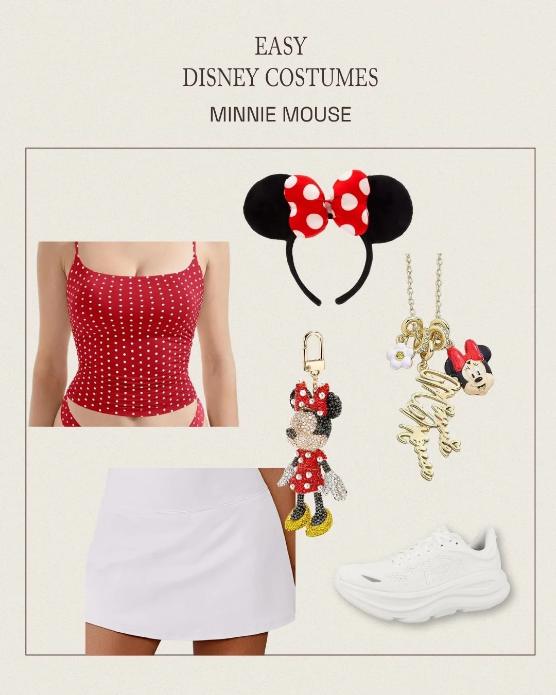 Minnie Mouse sweat-proof Disney costume with polka dot top, white skirt, polka dot bow Minnie ears, charm necklace, red bag charm, and Hoka sneakers