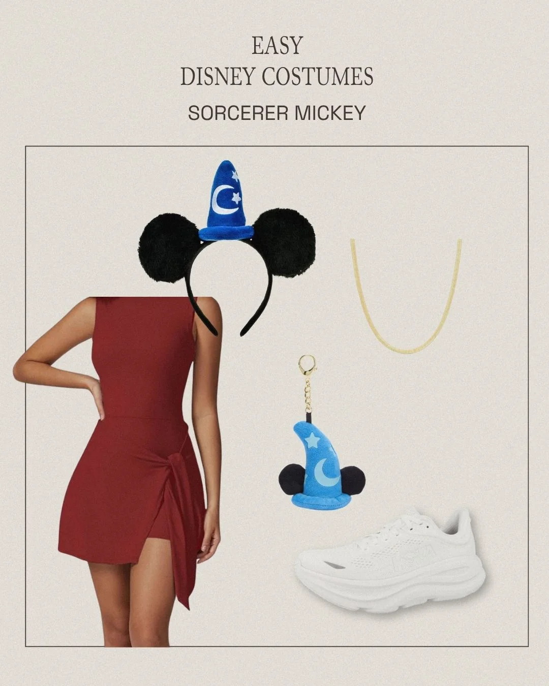 Sorcerer Mickey sweat-proof Disney costume with red dress, Sorcerer Mickey ear headband, gold necklace, Fantasia bag charm, and Hoka sneakers
