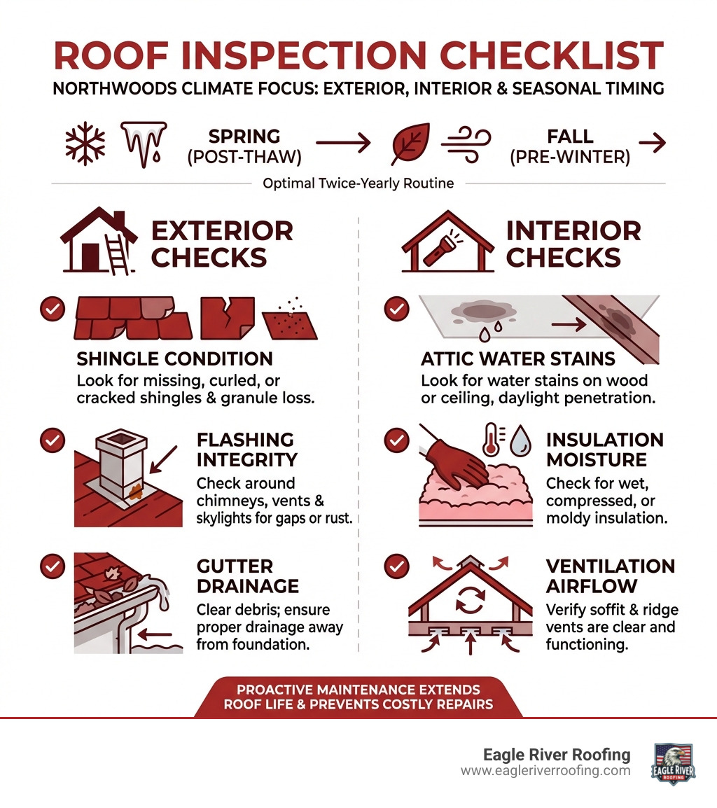 Detailed roof inspection checklist infographic showing exterior checks including shingle condition, flashing integrity, and gutter drainage, plus interior checks including attic water stains, insulation moisture, and ventilation airflow, with seasonal timing recommendations for Northwoods climates - roof inspection checklist infographic 