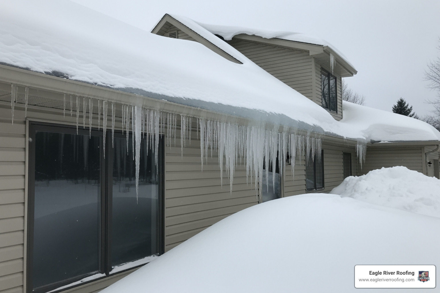 Ice damming on a roof edge with large icicles - roof inspection checklist