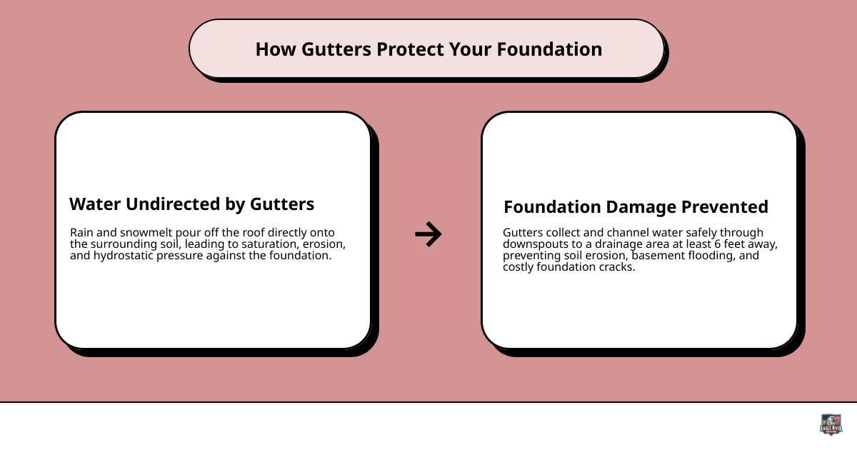 Infographic showing how gutters protect your foundation by directing water away from the home, preventing soil erosion, basement flooding, and foundation cracks, with arrows showing proper water flow from roof to downspouts to drainage areas at least 6 feet from the foundation - gutters eagle river infographic cause_effect_text