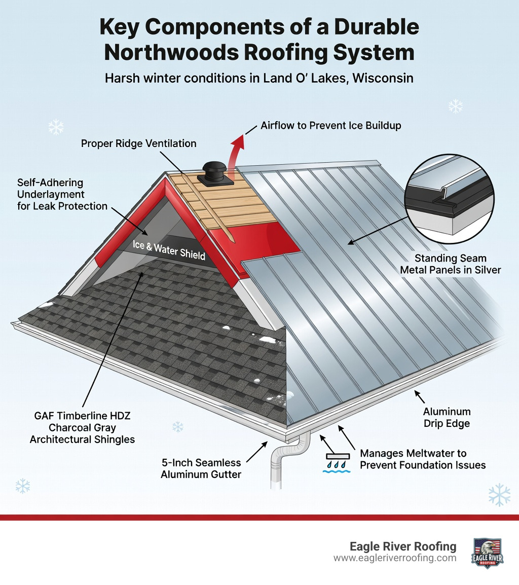 infographic showing the key components of a durable Northwoods roofing system including proper ventilation ice and water shield quality shingles or metal panels flashing details and gutter management - Land O’ Lakes roofing company infographic 