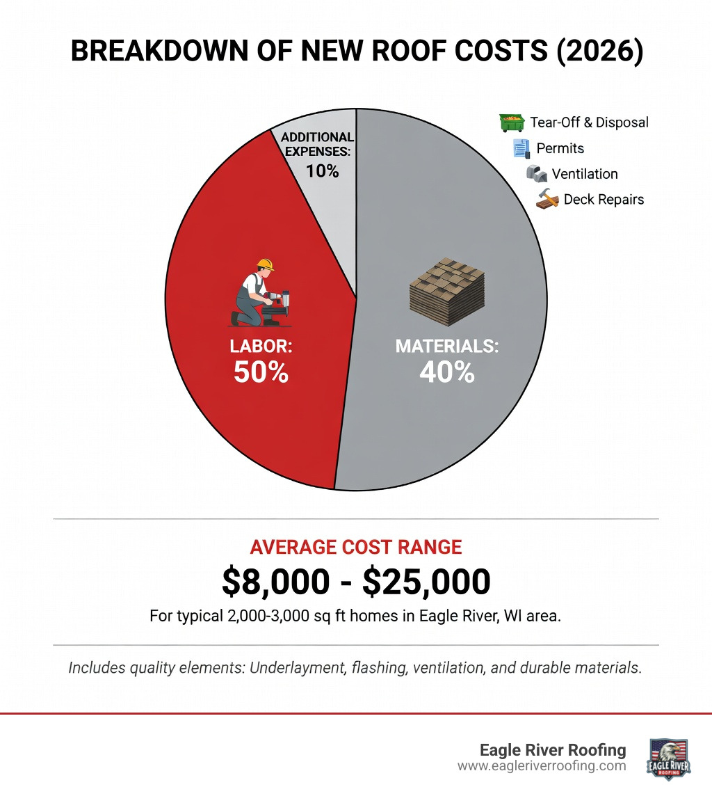 infographic showing breakdown of new roof costs including materials at 40%, labor at 50%, and additional expenses like tear-off, permits, ventilation, and deck repairs at 10% - cost of a new roof near me infographic infographic showing breakdown of new roof costs including materials at 40%, labor at 50%, and additional expenses like tear-off, permits, ventilation, and deck repairs at 10% - cost of a new roof near me infographic