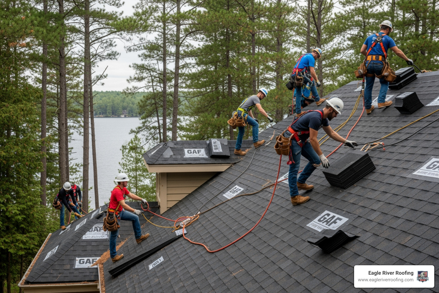 A professional crew installing GAF architectural shingles on a Northwoods home - Wisconsin Roofing Services A professional crew installing GAF architectural shingles on a Northwoods home - Wisconsin Roofing Services