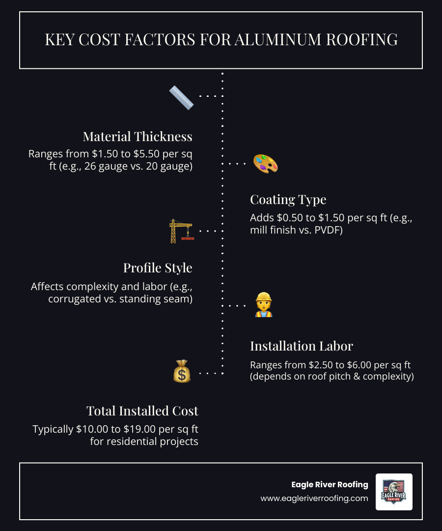 Infographic showing key cost factors for aluminum roofing: material thickness ranges from $1.50 to $5.50 per sq ft, coating type adds $0.50 to $1.50 per sq ft, profile style affects complexity and labor, installation labor ranges from $2.50 to $6.00 per sq ft, and total installed cost typically falls between $10.00 and $19.00 per sq ft for residential projects - aluminium roofing sheet price per sq ft infographic infographic-line-5-steps-dark Infographic showing key cost factors for aluminum roofing: material thickness ranges from $1.50 to $5.50 per sq ft, coating type adds $0.50 to $1.50 per sq ft, profile style affects complexity and labor, installation labor ranges from $2.50 to $6.00 per sq ft, and total installed cost typically falls between $10.00 and $19.00 per sq ft for residential projects - aluminium roofing sheet price per sq ft infographic infographic-line-5-steps-dark