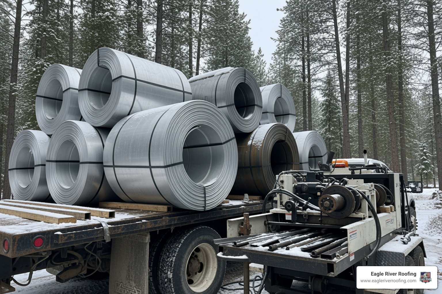 heavy-duty aluminum and steel gutter coils ready for on-site fabrication in the Northwoods - commercial & residential seamless gutter installation heavy-duty aluminum and steel gutter coils ready for on-site fabrication in the Northwoods - commercial & residential seamless gutter installation