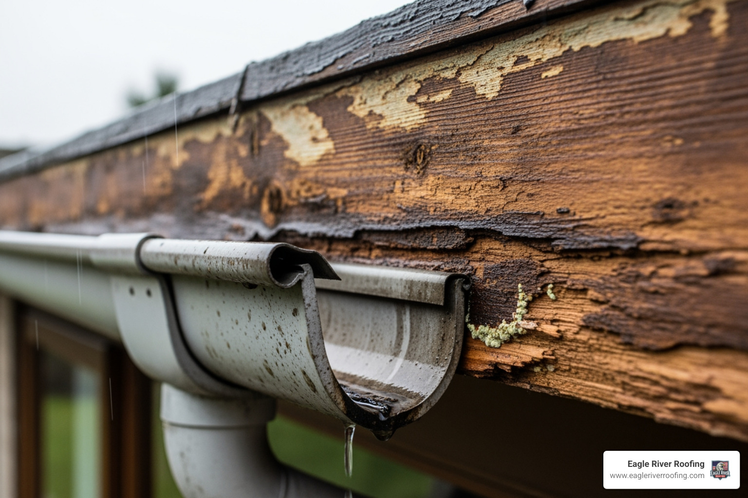 Rotted wood fascia board behind a sagging gutter - fascia soffit and guttering replacement near me Rotted wood fascia board behind a sagging gutter - fascia soffit and guttering replacement near me