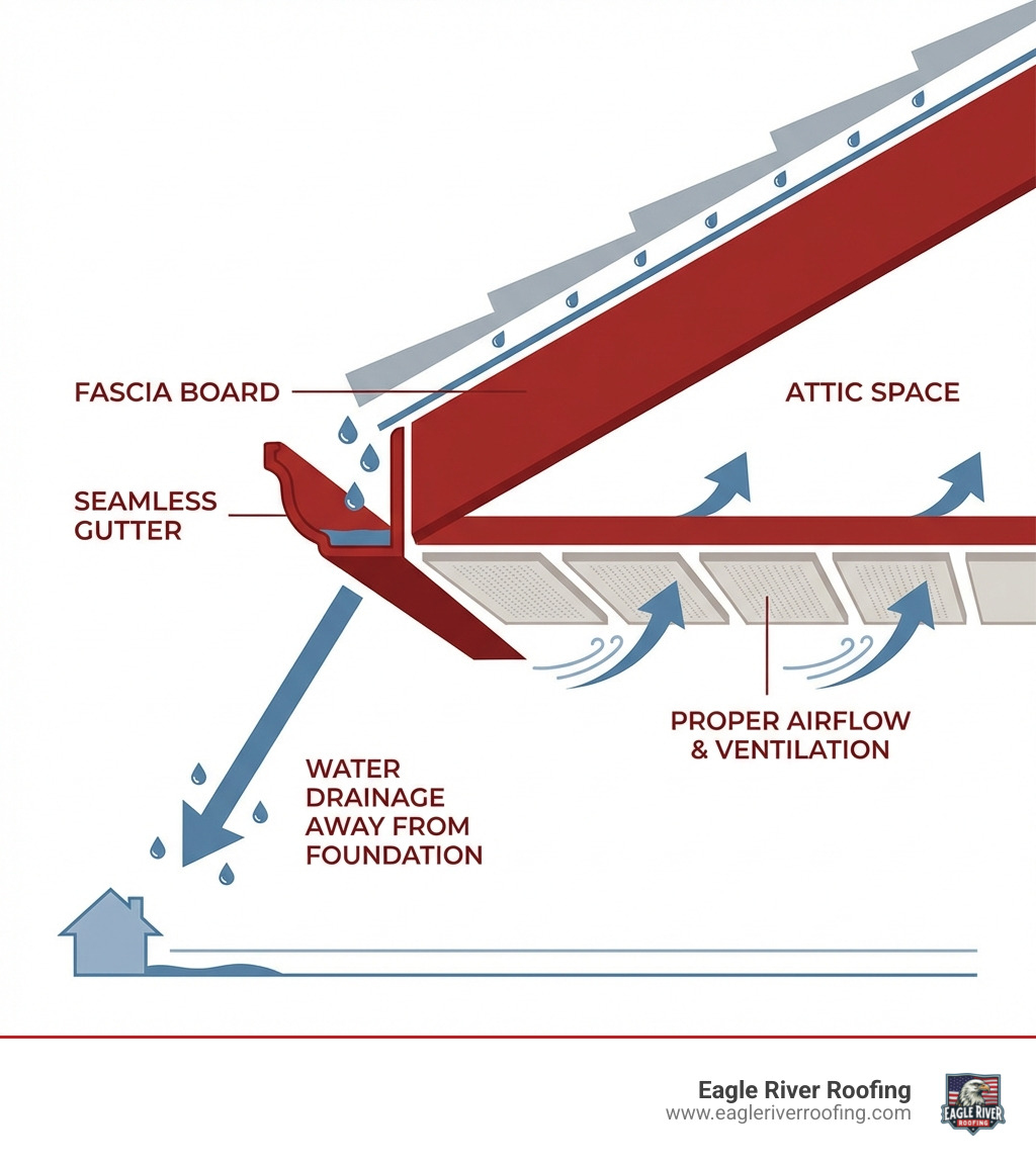 Infographic showing the roofline protection system: fascia boards mount along roof edge supporting gutters, soffit panels ventilate attic space beneath the overhang, and seamless gutters channel water away from foundation, with arrows indicating proper airflow and water drainage - fascia soffit and guttering replacement near me infographic Infographic showing the roofline protection system: fascia boards mount along roof edge supporting gutters, soffit panels ventilate attic space beneath the overhang, and seamless gutters channel water away from foundation, with arrows indicating proper airflow and water drainage - fascia soffit and guttering replacement near me infographic