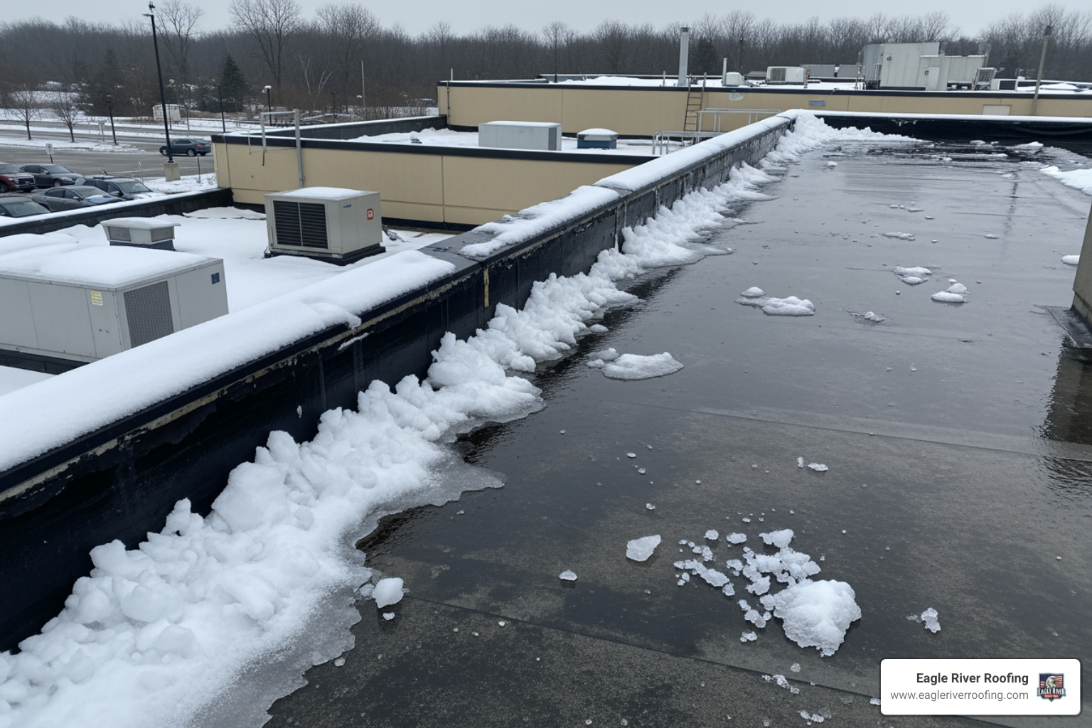 ice dams on a flat commercial roof - commercial roofing wisconsin