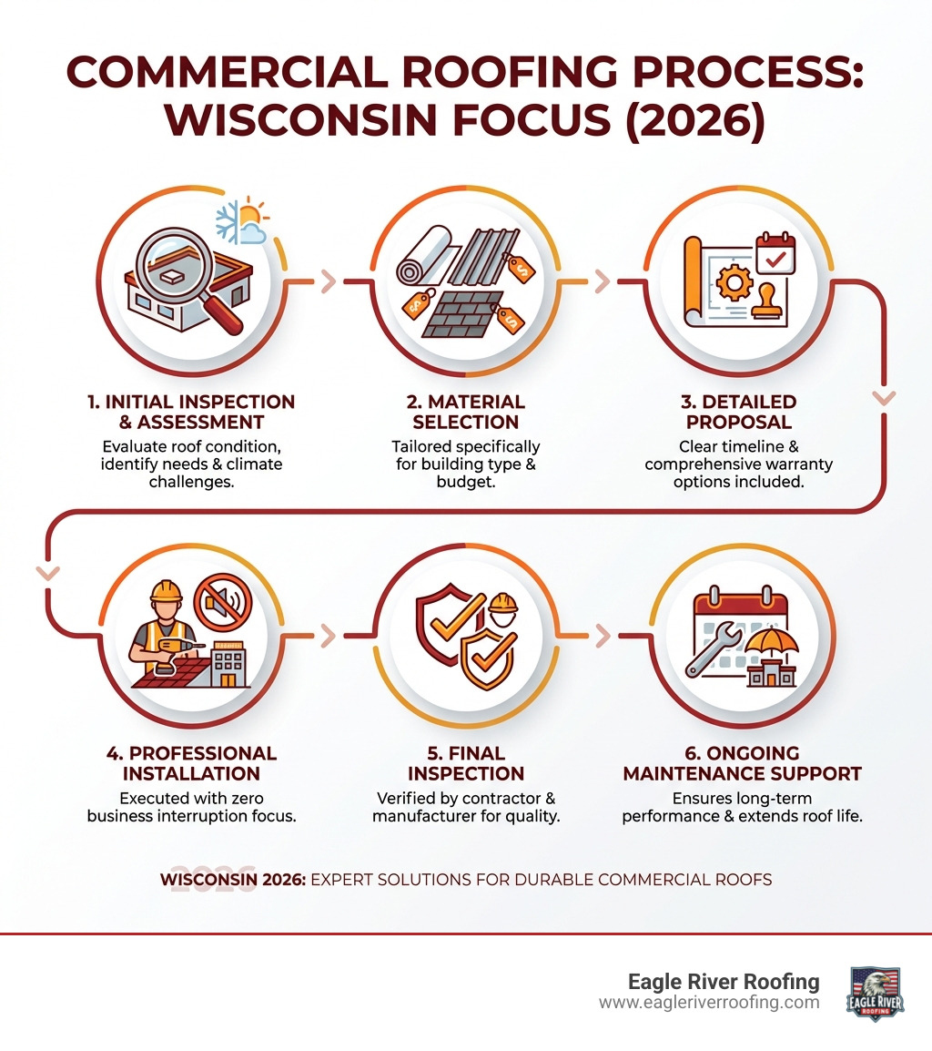 Infographic showing the commercial roofing process: initial inspection and assessment, material selection based on building type and budget, detailed proposal with timeline and warranty options, professional installation with zero business interruption, final inspection by contractor and manufacturer, ongoing maintenance support - commercial roofing wisconsin infographic 
