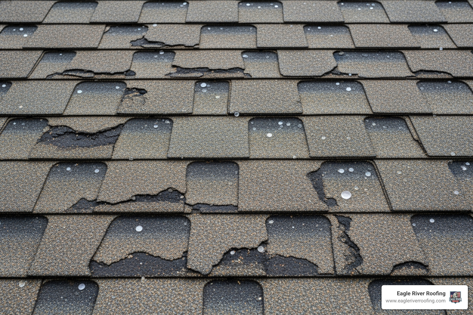 Close up of hail damage on asphalt shingles showing circular indentations and lost granules - roof inspection cost