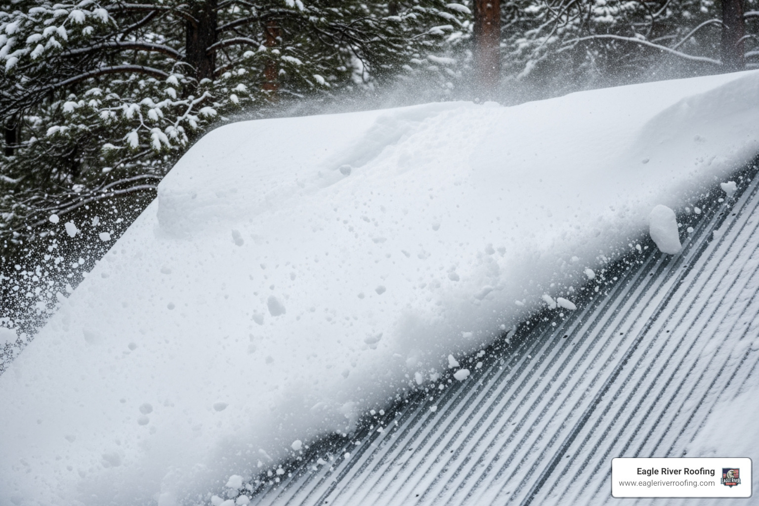 Heavy snow sliding off a corrugated metal roof in the Northwoods - corrugated steel roofing sheets Heavy snow sliding off a corrugated metal roof in the Northwoods - corrugated steel roofing sheets