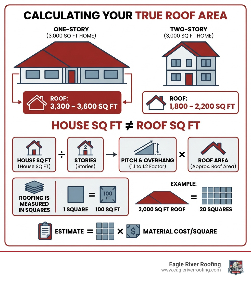 Infographic showing how to calculate roof area: House square footage does not equal roof square footage. For a 3,000 sq ft home, a two-story typically has 1,800-2,200 sq ft of roof, while a one-story has 3,300-3,600 sq ft. Roof area = (House sq ft ÷ stories) × 1.1 to 1.2 for pitch and overhang. Roofing is measured in squares, where 1 square = 100 sq ft. Example: A 2,000 sq ft roof = 20 squares. Multiply squares by material cost per square for your estimate. - 3000 sq ft roof replacement cost infographic 