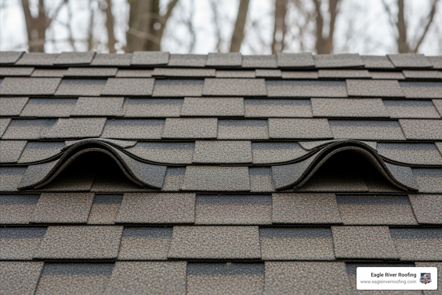 Curling asphalt shingles on a cabin roof indicating it is time for replacement - Cabin Roof Replacement Curling asphalt shingles on a cabin roof indicating it is time for replacement - Cabin Roof Replacement