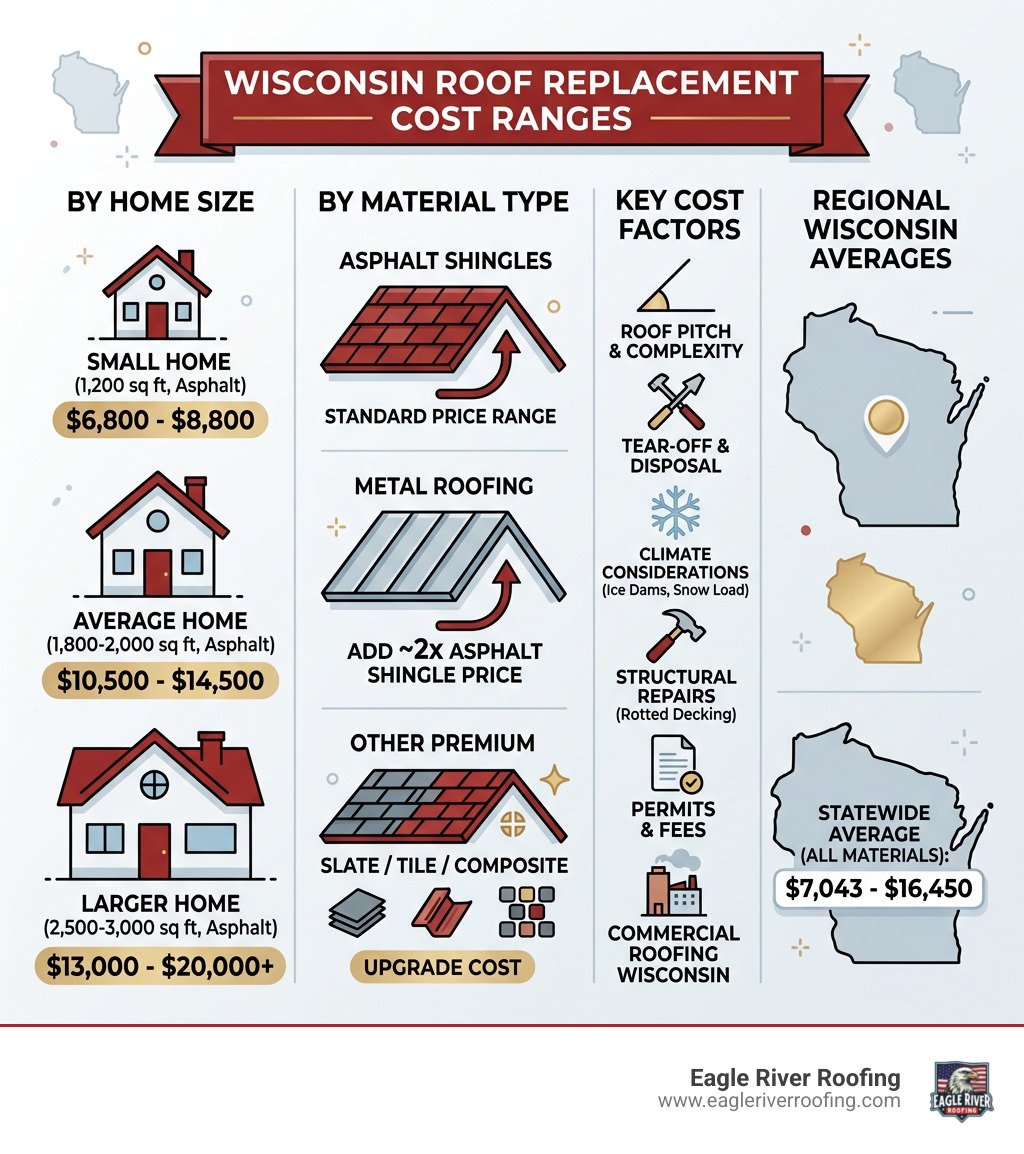 Infographic showing Wisconsin roof replacement cost ranges by home size, material type, and key cost factors - average roof