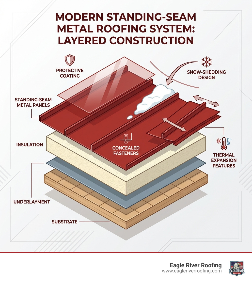 infographic showing the layered construction of a modern standing-seam metal roofing system including substrate, underlayment, insulation, metal panels with concealed fasteners, and protective coating, highlighting snow-shedding design and thermal expansion features - metal roofing wisconsin infographic 