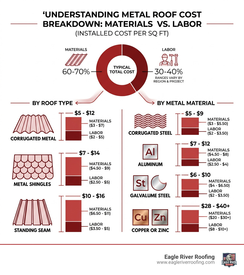 Infographic showing metal roof cost breakdown: materials vs. labor, by roof type and metal - average price of metal roof