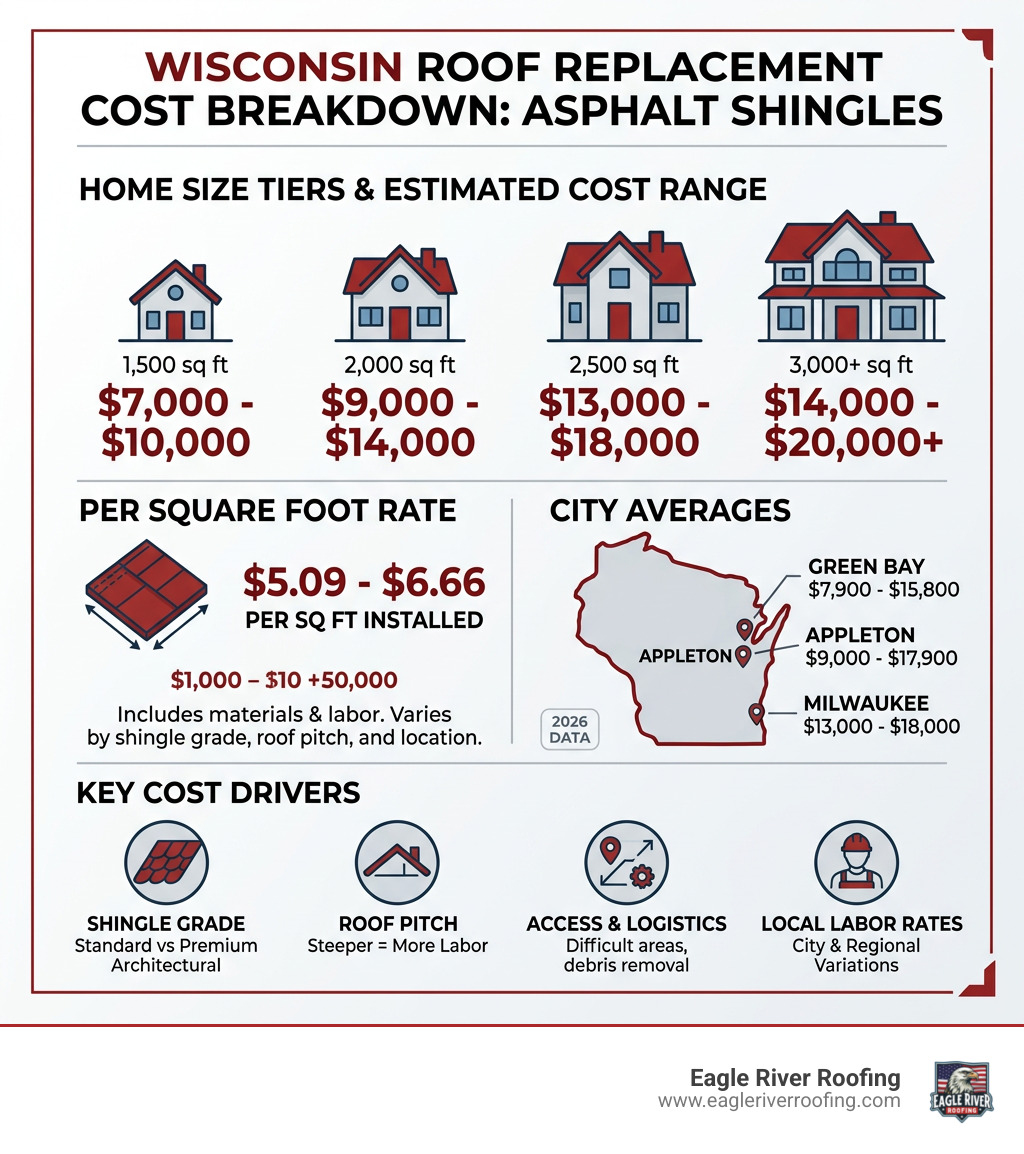 Wisconsin roof replacement cost breakdown infographic with size tiers, per sq ft rates, and city averages - asphalt shingle