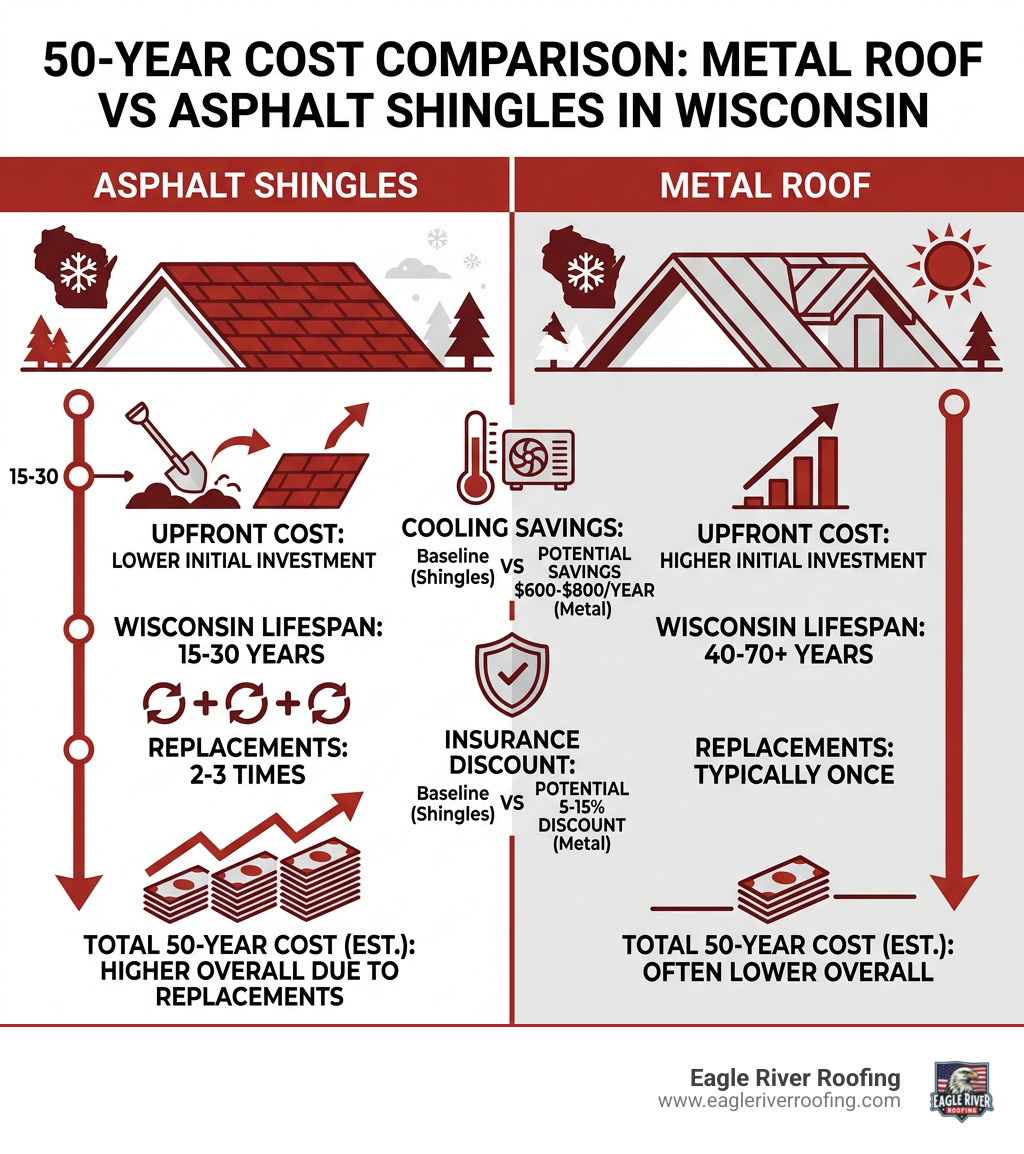 50-year cost comparison infographic: metal roof vs asphalt shingles in Wisconsin - metal roof cost vs shingles wisconsin