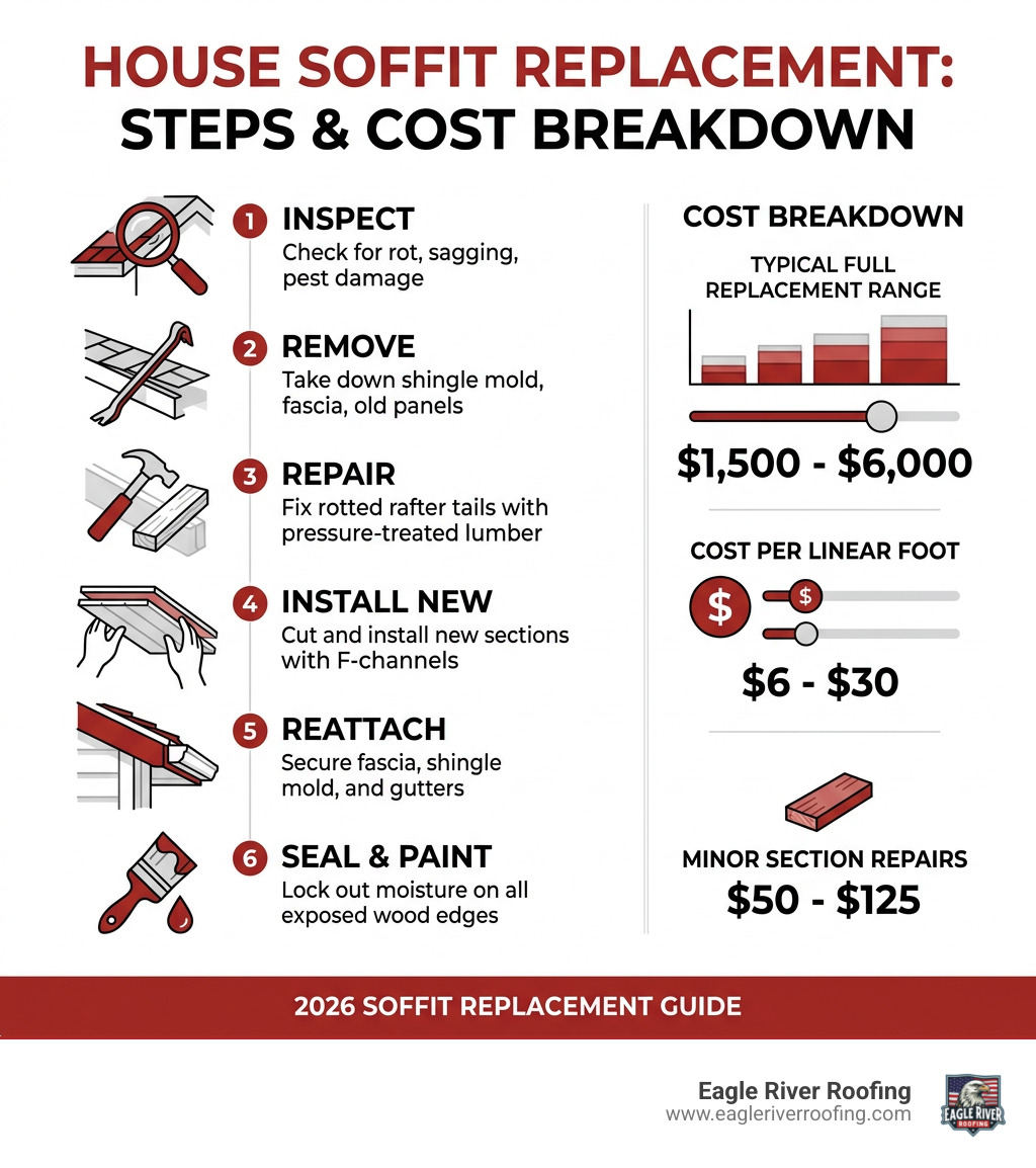 Infographic showing the steps and cost breakdown of house soffit replacement - house soffit replacement infographic 