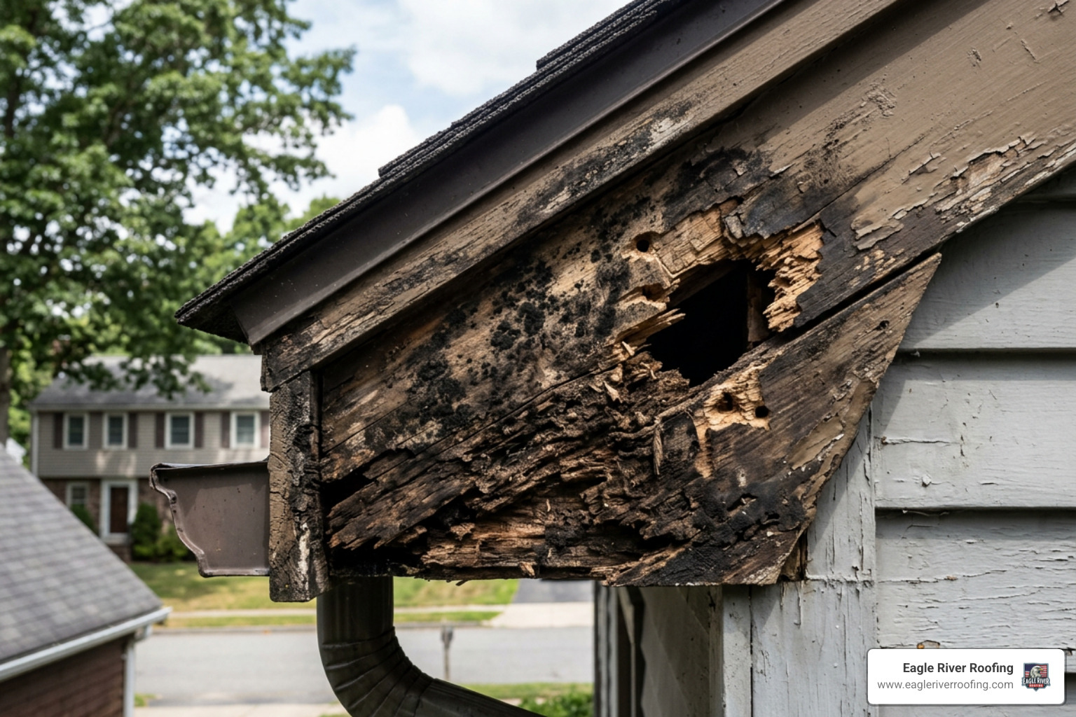 Rotted wood soffit with visible squirrel damage and mold - house soffit replacement